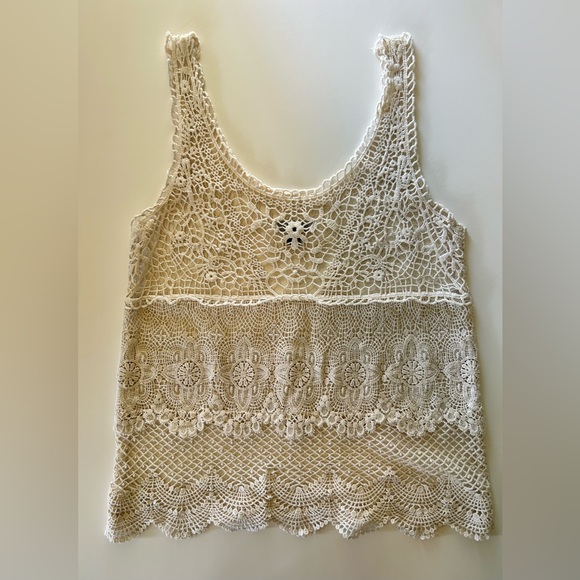 American Eagle Lace Crochet Tiered Cream Tank Top Size Small - Picture 7 of 9